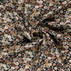 Tissu crêpe de viscose fleuri brique et vert – Fond noir