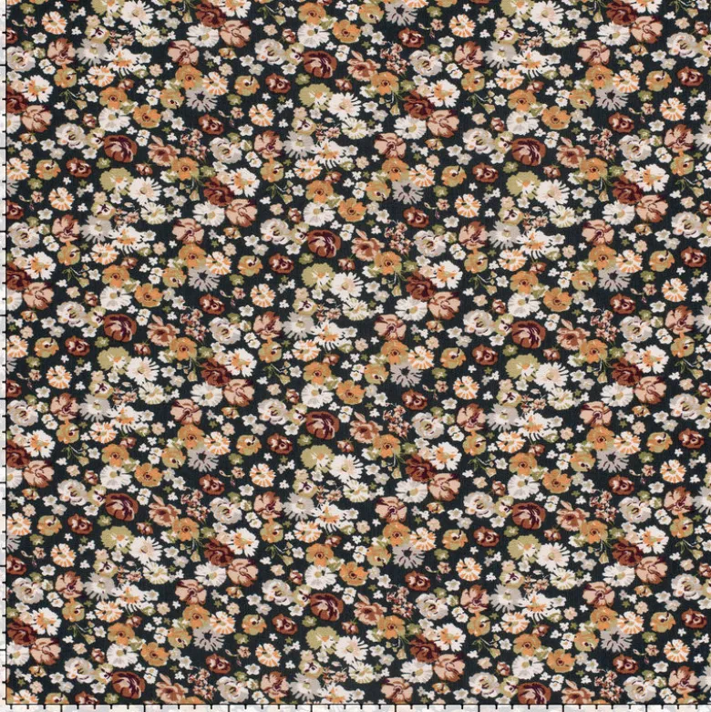 Tissu crêpe de viscose fleuri brique et vert – Fond noir