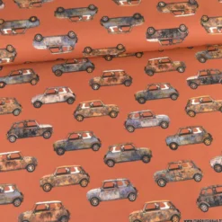 Tissu demi natté bachette imprimé voiture Austin Mini fond terracotta