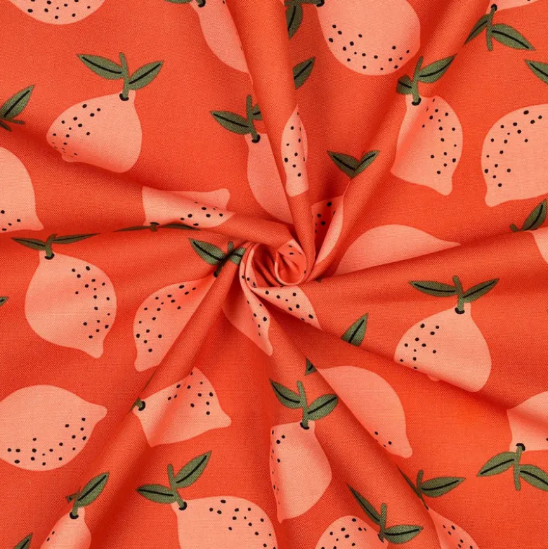 Tissu demi natté canvas motif citrons fond orange