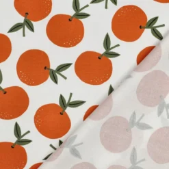 Tissu demi natté canvas motif oranges fond blanc