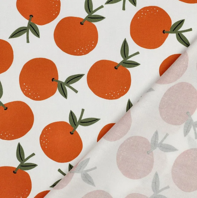 Tissu demi natté canvas motif oranges fond blanc