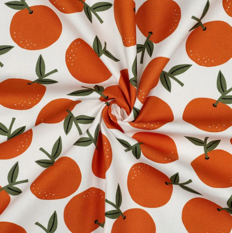 Tissu demi natté canvas motif oranges fond blanc
