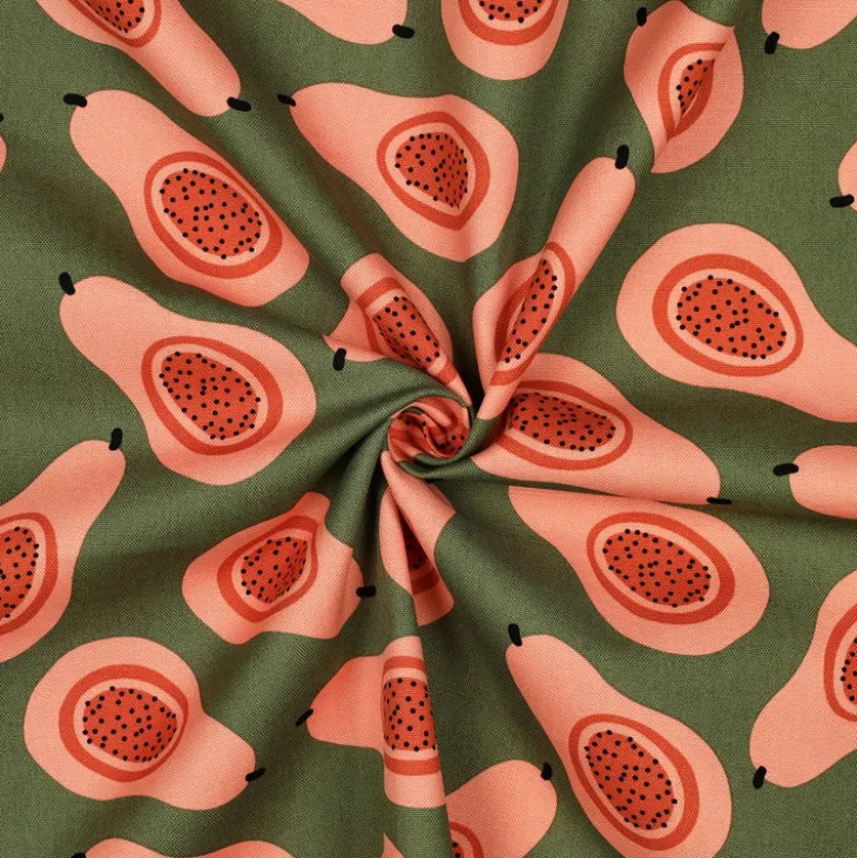 Tissu demi natté canvas motif Papayes fond vert