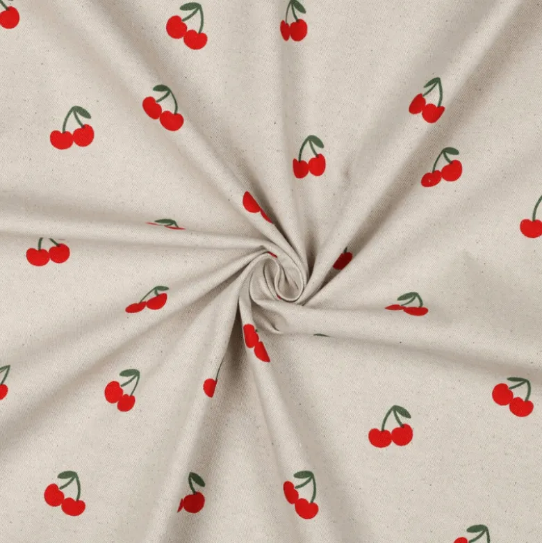 Tissu demi natté coton motif cerises fond naturel