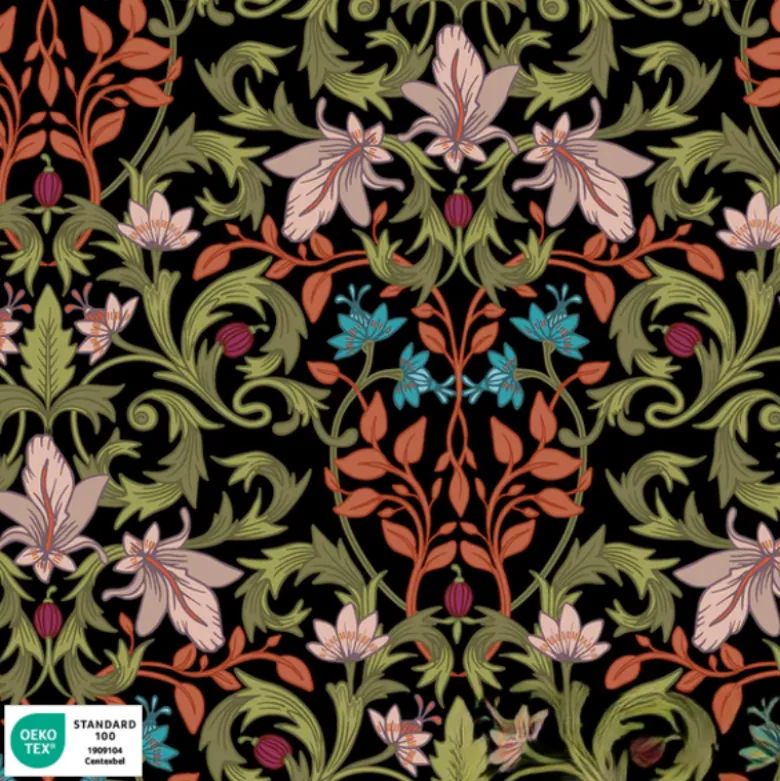 Tissu Demi-Natté Coton – Motif Fleurs Vertes et Roses sur Fond Noir