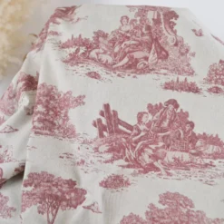 Tissu demi natté coton motif toile de Jouy bordeaux