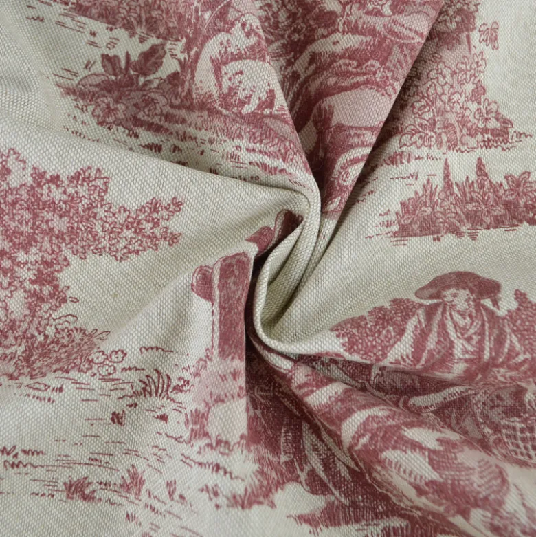 Tissu demi natté coton motif toile de Jouy bordeaux