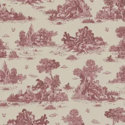 Tissu demi natté coton motif toile de Jouy bordeaux