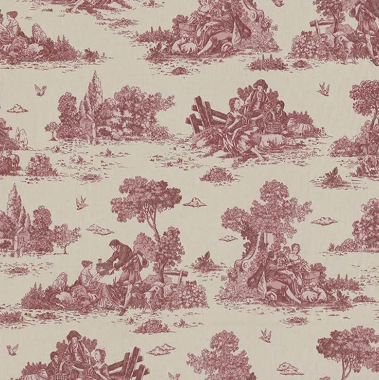 Tissu demi natté coton motif toile de Jouy bordeaux
