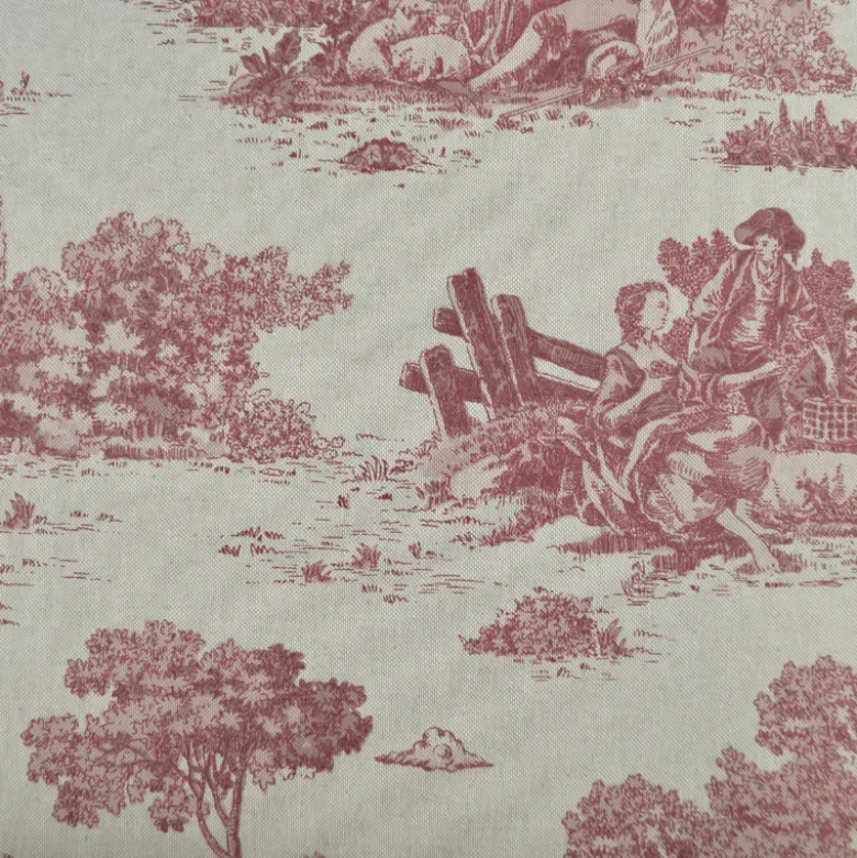 Tissu demi natté coton motif toile de Jouy bordeaux
