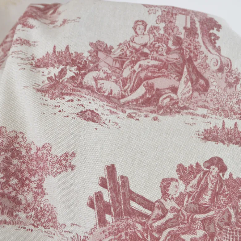 Tissu demi natté coton motif toile de Jouy bordeaux