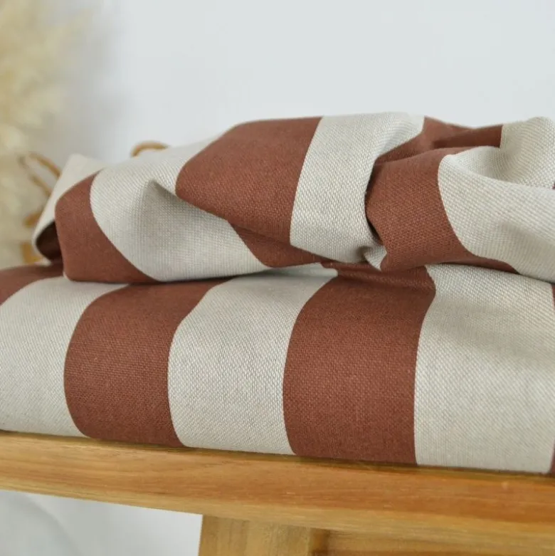 Tissu demi natté coton rayures larges Camel et Lin