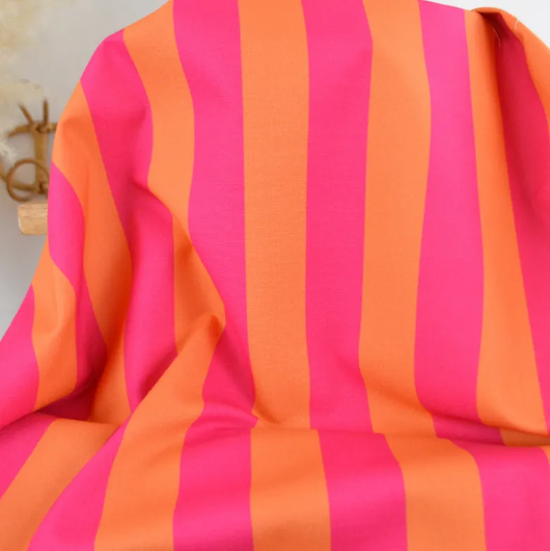 Tissu demi natté coton rayures larges orange et fuchsia