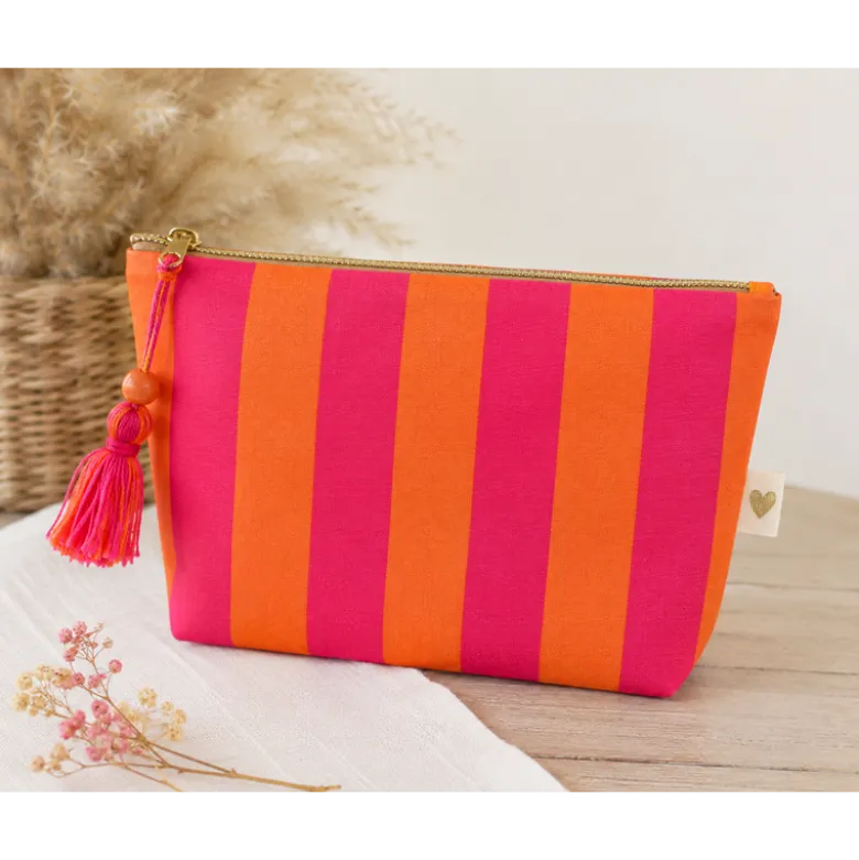 Tissu demi natté coton rayures larges orange et fuchsia