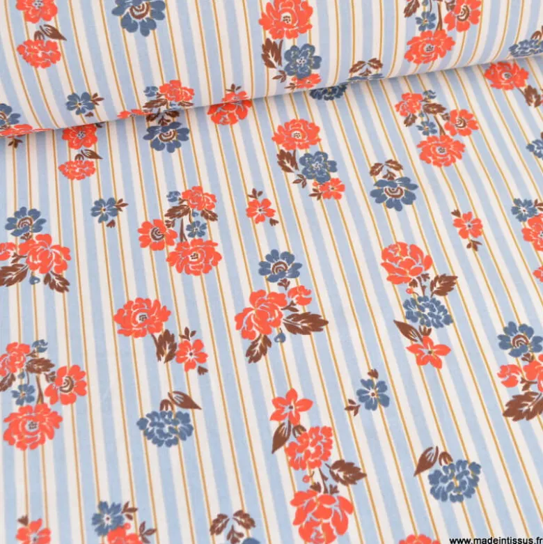 Tissu demi-natté coton Rimcha, rayures bleues et fleurs rouges/bleues