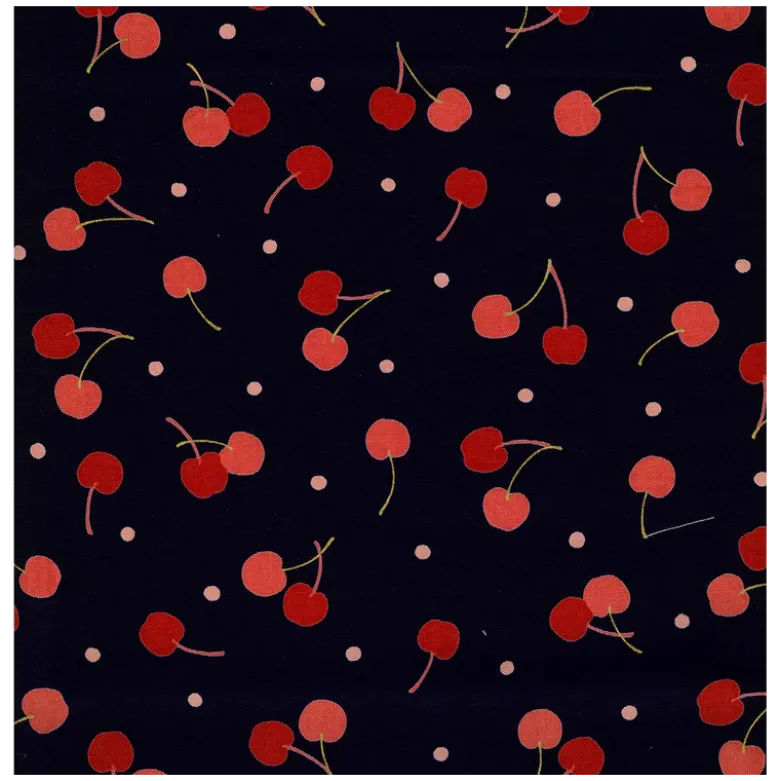 Tissu demi natté Kokka motif cerises - collection Black Kawaii