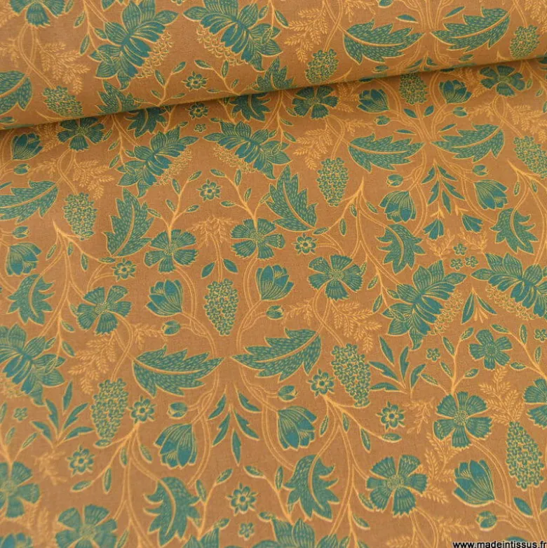 Tissu demi natté Lizandre fleurs vert canard