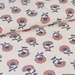 Tissu demi-natté motif fleurs violettes fond écru