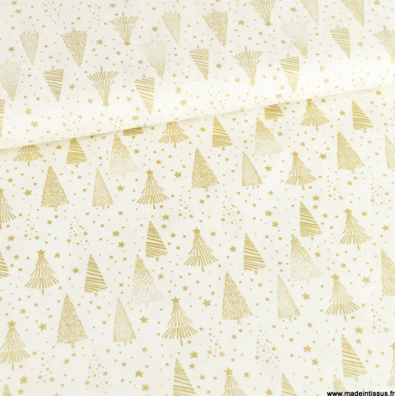 Tissu de Noël motif foret de sapins et étoiles or fond blanc cassé - OEKO TEX