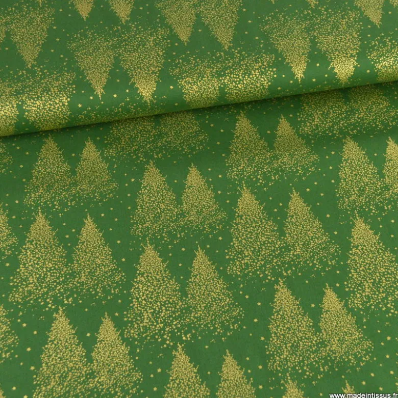 Tissu de Noël motif foret de sapins or fond vert - OEKO TEX