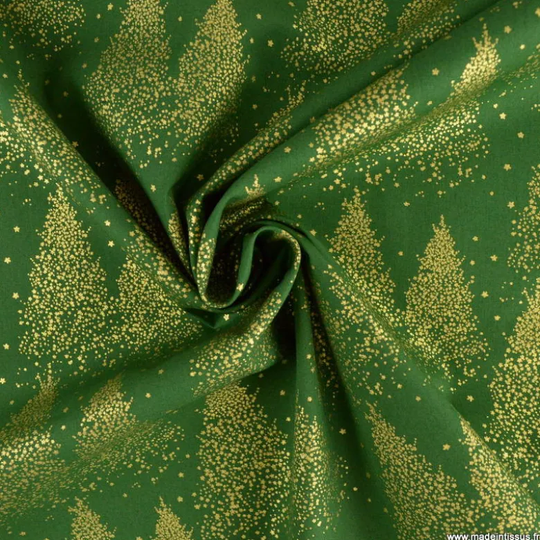Tissu de Noël motif foret de sapins or fond vert - OEKO TEX