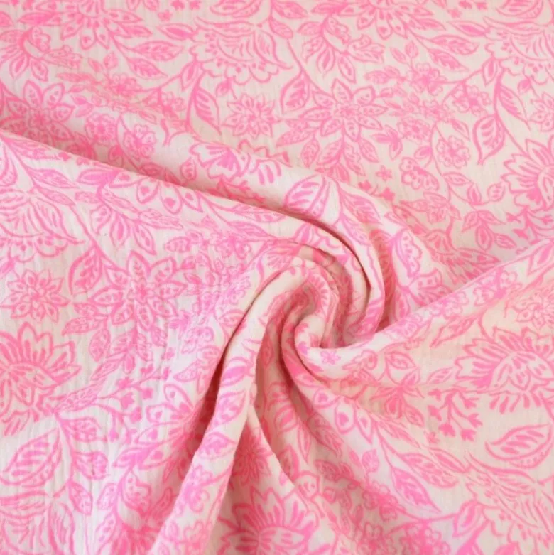 Tissu double gaze Alma motif fleurs roses fond blanc - OEKO TEX