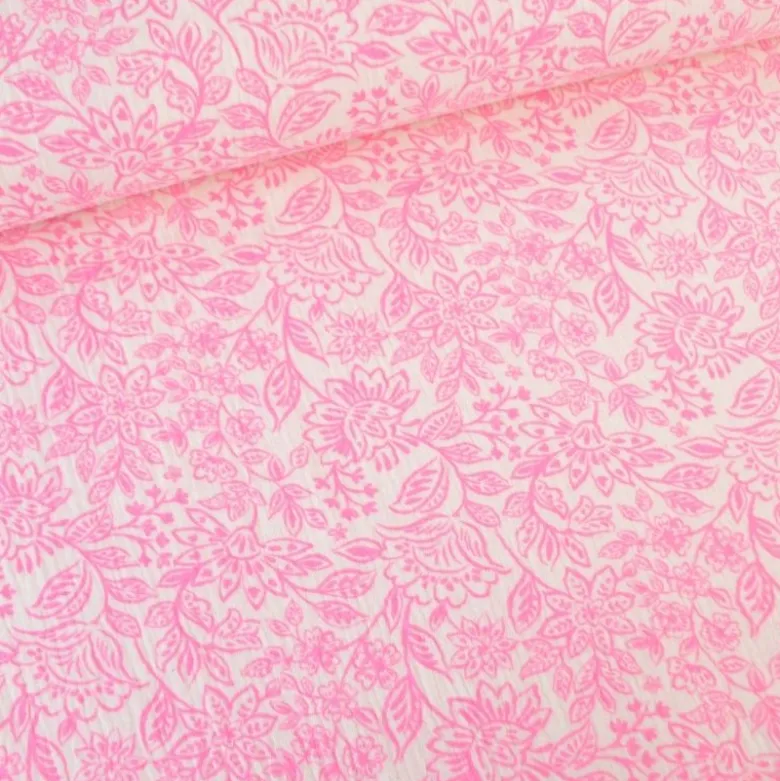 Tissu double gaze Alma motif fleurs roses fond blanc - OEKO TEX
