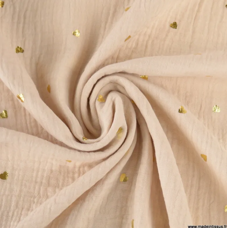 Tissu Double gaze beige motif coeurs dorés - OEKO TEX