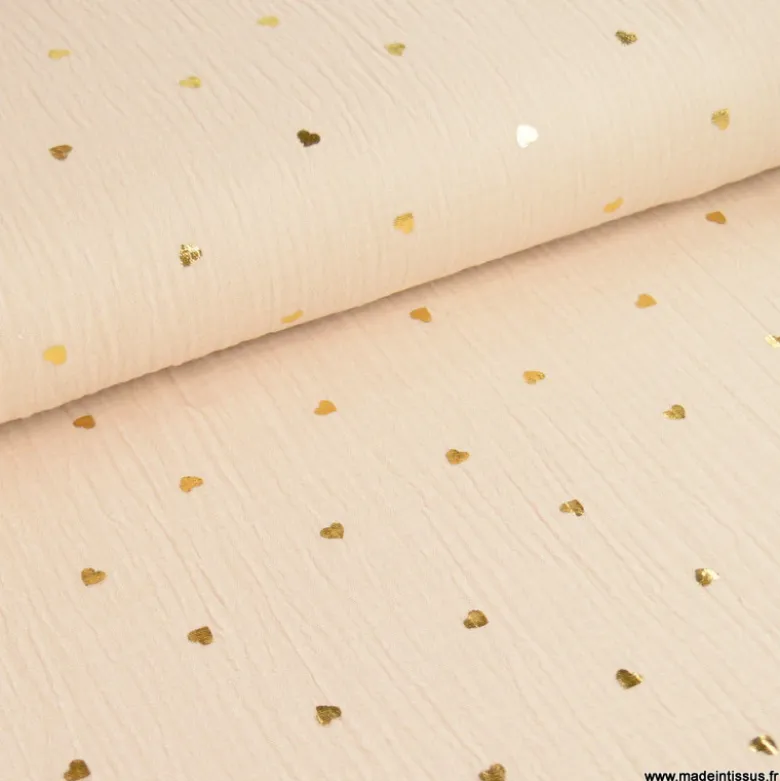 Tissu Double gaze beige motif coeurs dorés - OEKO TEX