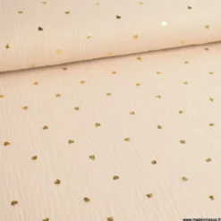 Tissu Double gaze beige motif coeurs dorés - OEKO TEX