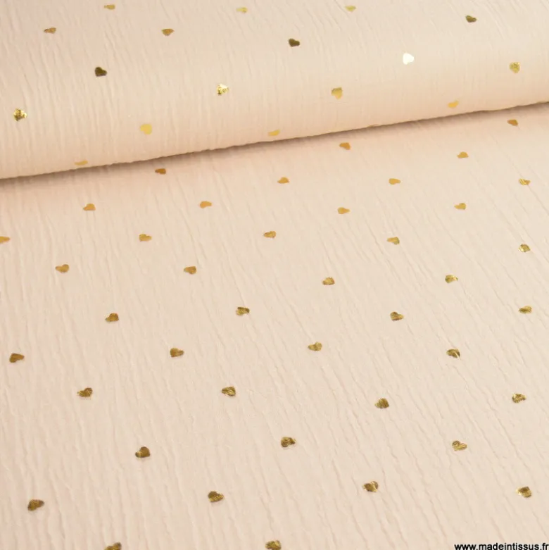 Tissu Double gaze beige motif coeurs dorés - OEKO TEX