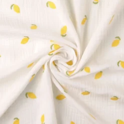 Tissu Double gaze brodée citrons fond blanc - oeko tex