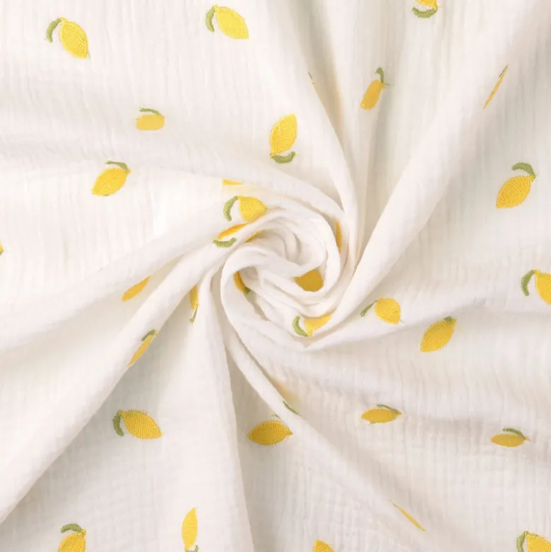 Tissu Double gaze brodée citrons fond blanc - oeko tex