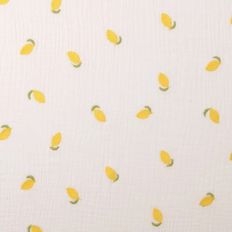 Tissu Double gaze brodée citrons fond blanc - oeko tex