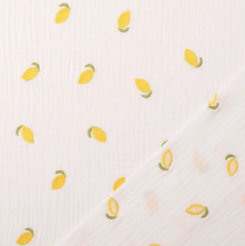 Tissu Double gaze brodée citrons fond blanc - oeko tex
