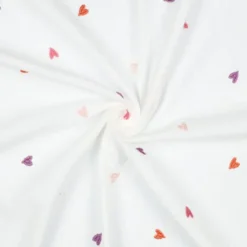 Tissu Double gaze brodée coeurs multicouleurs fond blanc - OEKO TEX