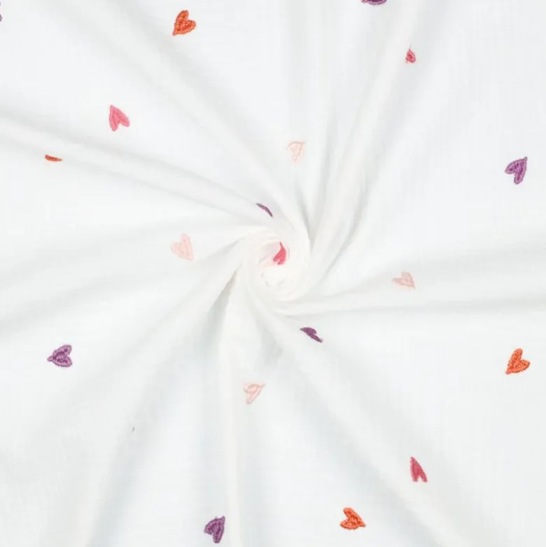 Tissu Double gaze brodée coeurs multicouleurs fond blanc - OEKO TEX