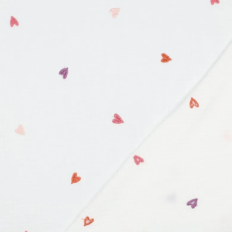 Tissu Double gaze brodée coeurs multicouleurs fond blanc - OEKO TEX