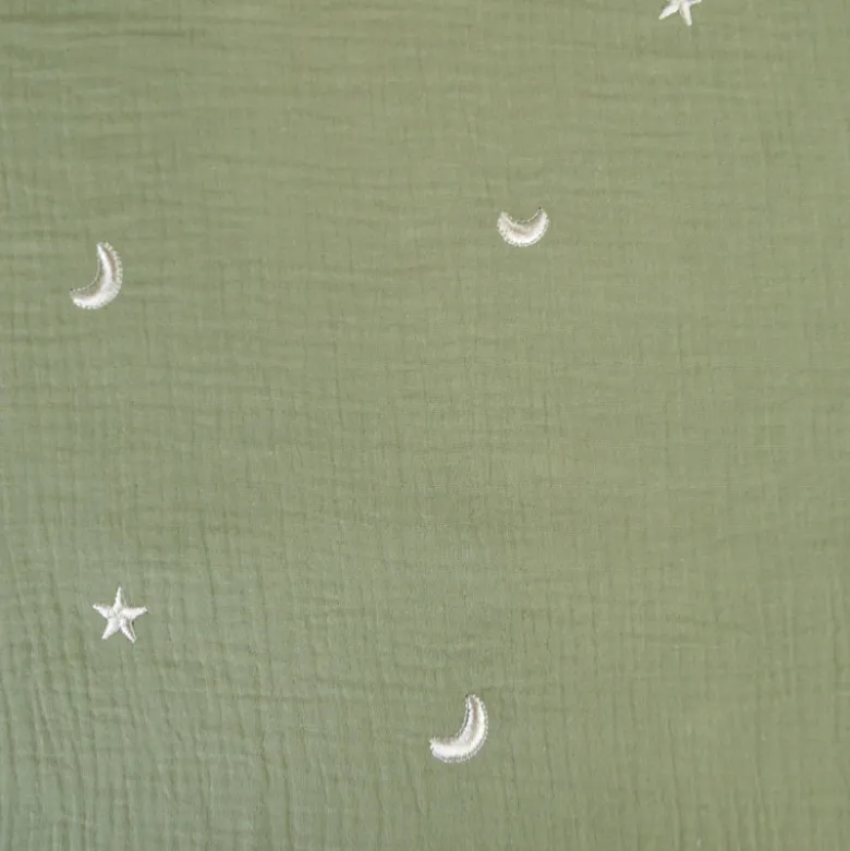 Tissu Double gaze brodée lunes et étoiles fond kaki - OEKO TEX