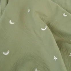 Tissu Double gaze brodée lunes et étoiles fond kaki - OEKO TEX