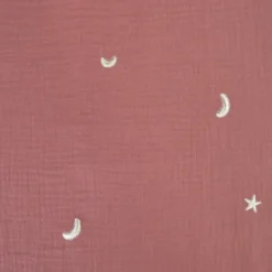 Tissu Double gaze brodée lunes et étoiles fond terracotta - OEKO TEX