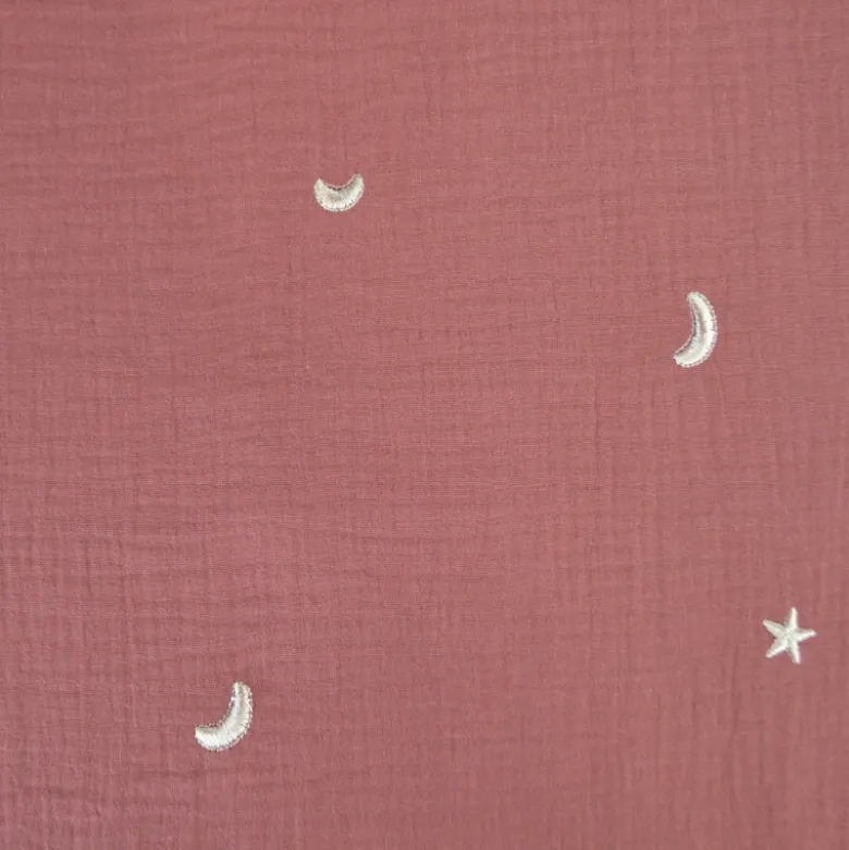 Tissu Double gaze brodée lunes et étoiles fond terracotta - OEKO TEX
