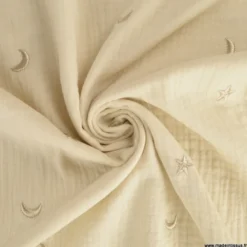Tissu Double gaze brodée lunes et étoiles fond écru - OEKO TEX