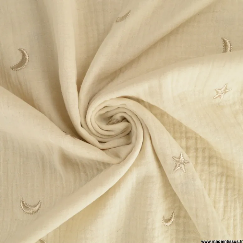 Tissu Double gaze brodée lunes et étoiles fond écru - OEKO TEX