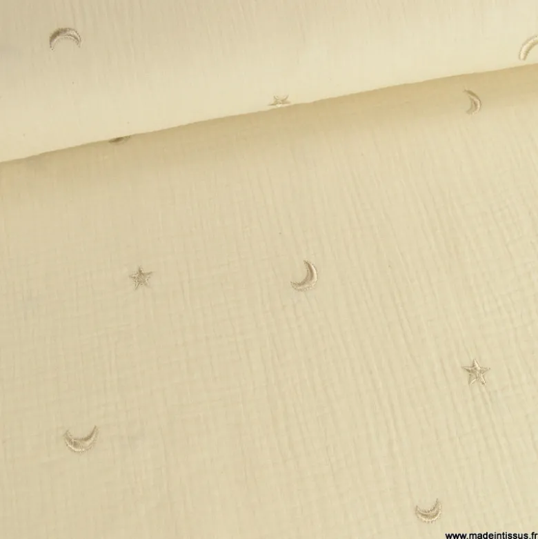 Tissu Double gaze brodée lunes et étoiles fond écru - OEKO TEX