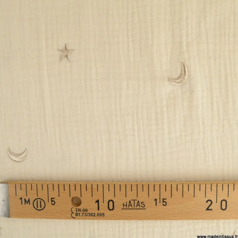 Tissu Double gaze brodée lunes et étoiles fond écru - OEKO TEX