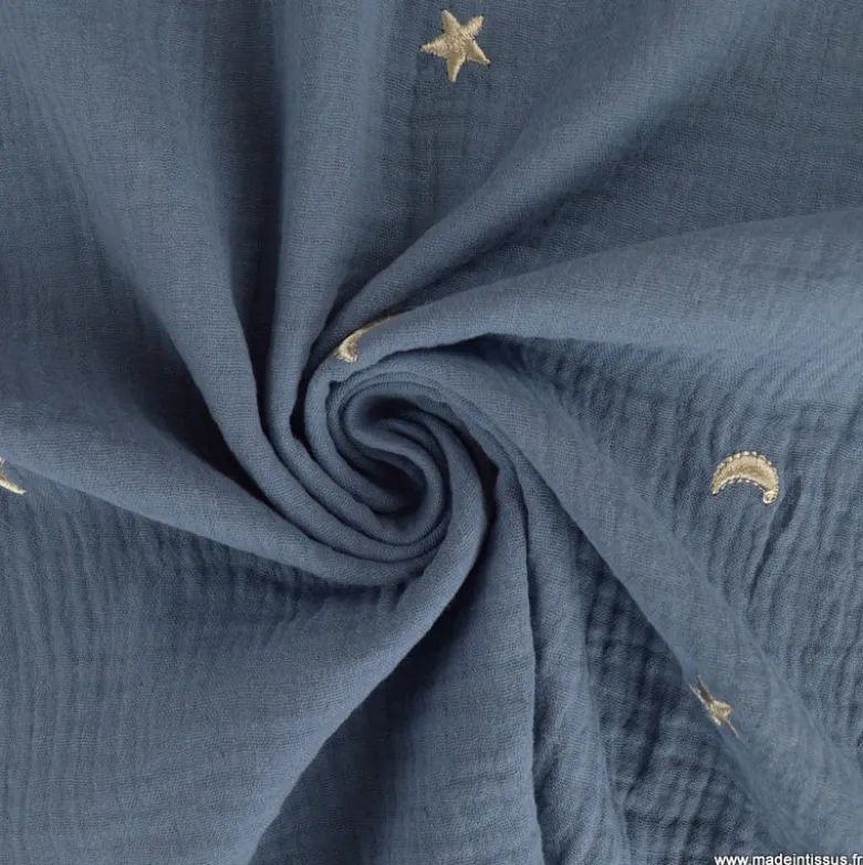 Tissu Double gaze brodée lunes et étoiles fond bleu jean - OEKO TEX