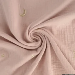 Tissu Double gaze brodée lunes et étoiles fond rose pale - OEKO TEX