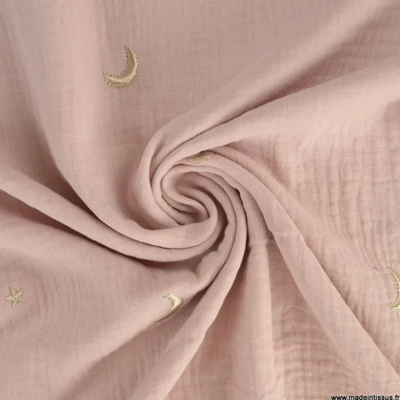 Tissu Double gaze brodée lunes et étoiles fond rose pale - OEKO TEX